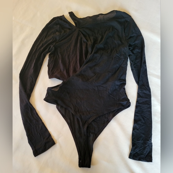Women's Black bodysuit partial sheer with cutouts & snaps Size Small - Picture 3 of 8